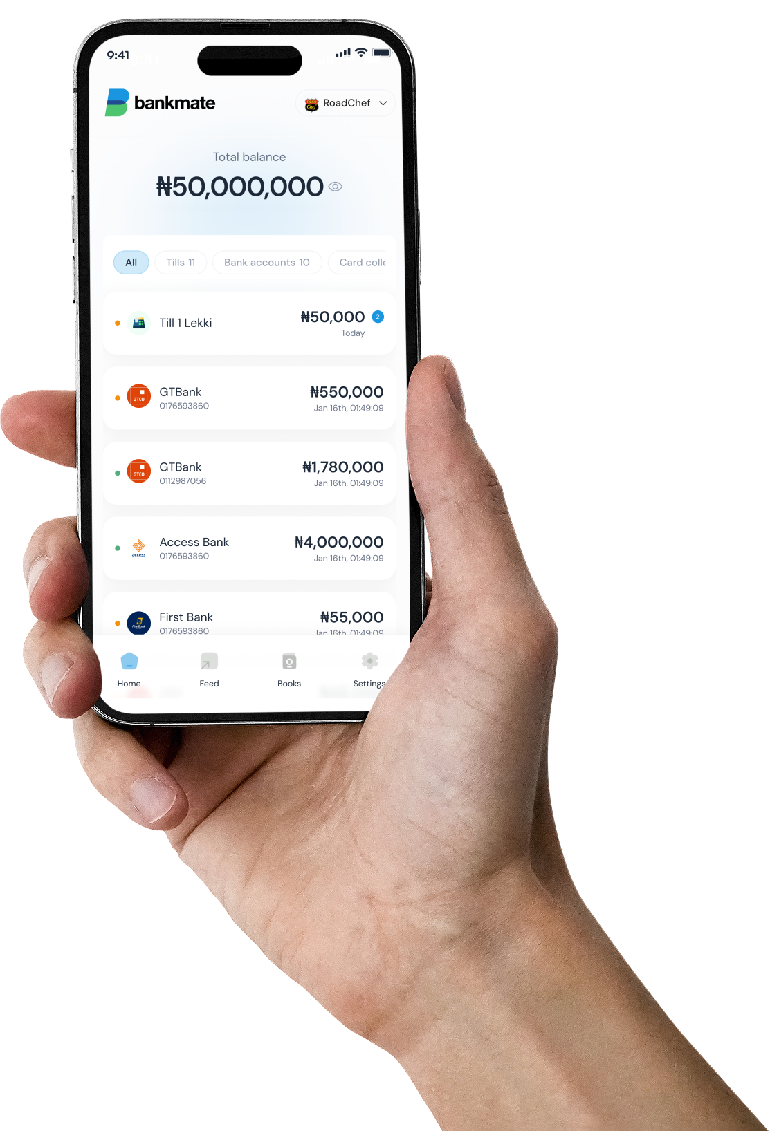 The BankMate app held in hand, showing a total balance of ₦50,000,000 and a list of bank accounts and till balances