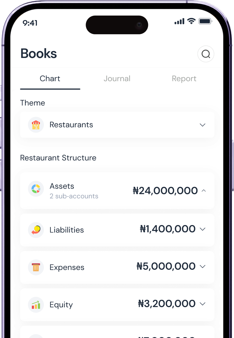 BankMate Books screen showing a chart of accounts with assets, liabilities, expenses and equity